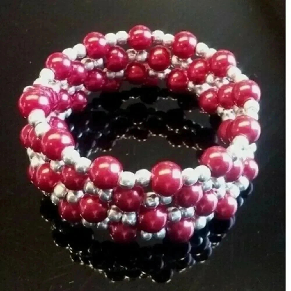 Handmade Bright Red Glass Pearl Wrap Cuff Bracelet with Silver Beads